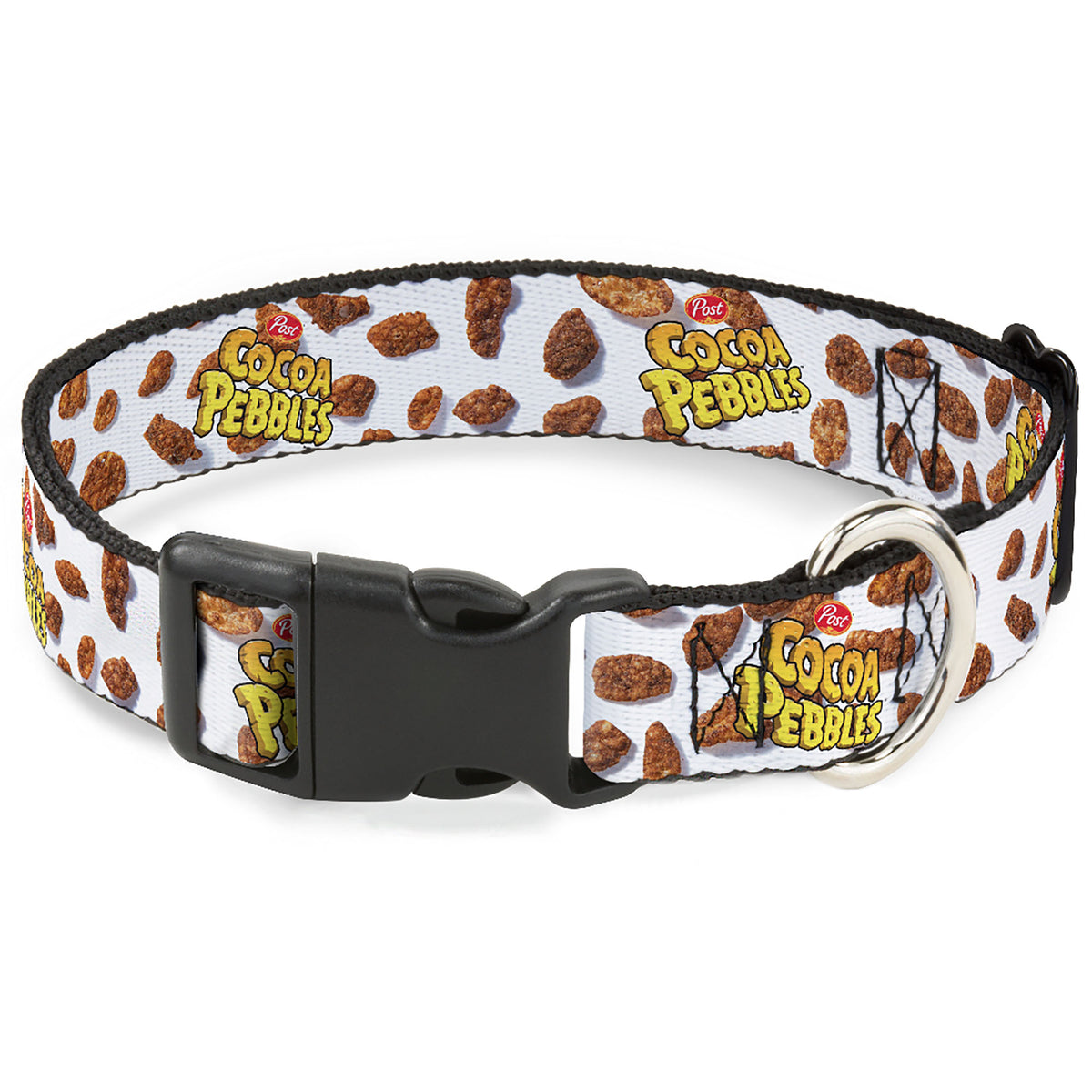 Plastic Clip Collar - POST COCOA PEBBLES Logo and Cereal Pebbles Scattered White/Browns Dog Collars Plastic Clip Side Release The Flintstones
