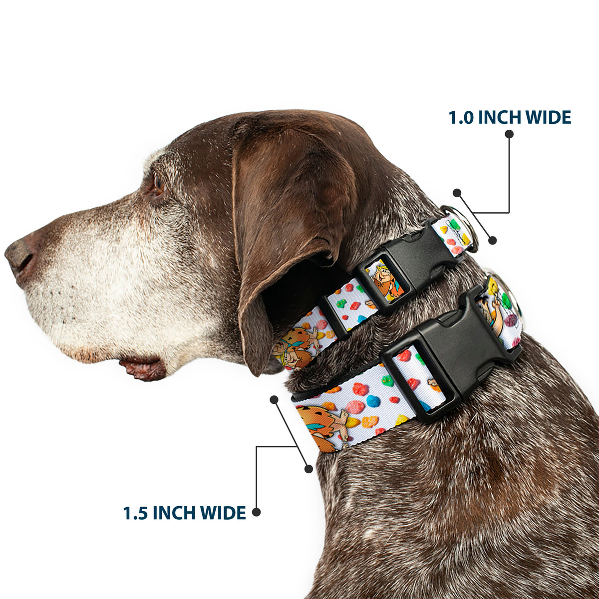 Plastic Clip Collar - Fruity Pebbles Fred Flintstone and Barney Rubble Hugging Pose and Cereal Pebbles Scattered White/Multi Color Dog Collars Plastic Clip Side Release The Flintstones