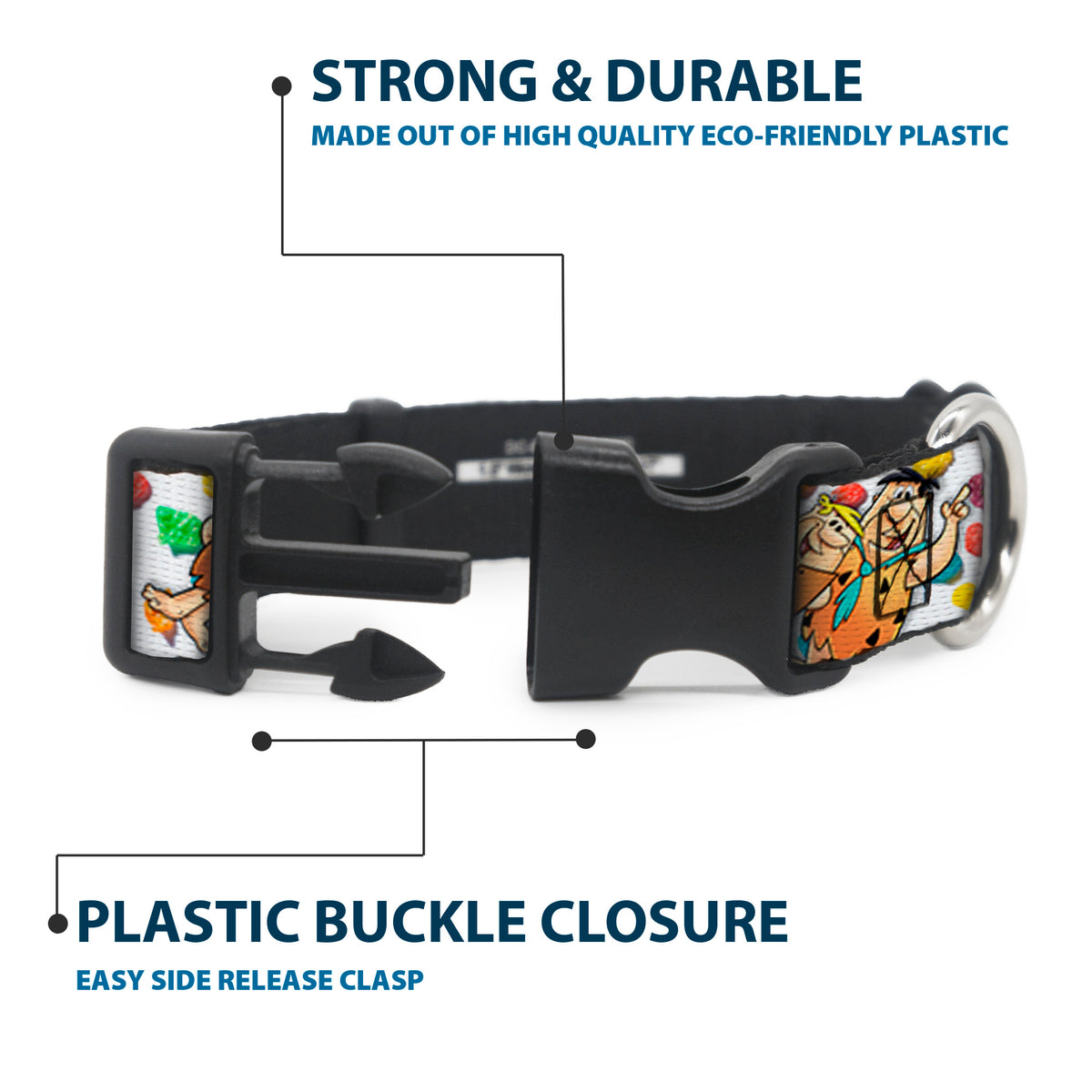 Plastic Clip Collar - Fruity Pebbles Fred Flintstone and Barney Rubble Hugging Pose and Cereal Pebbles Scattered White/Multi Color Dog Collars Plastic Clip Side Release The Flintstones