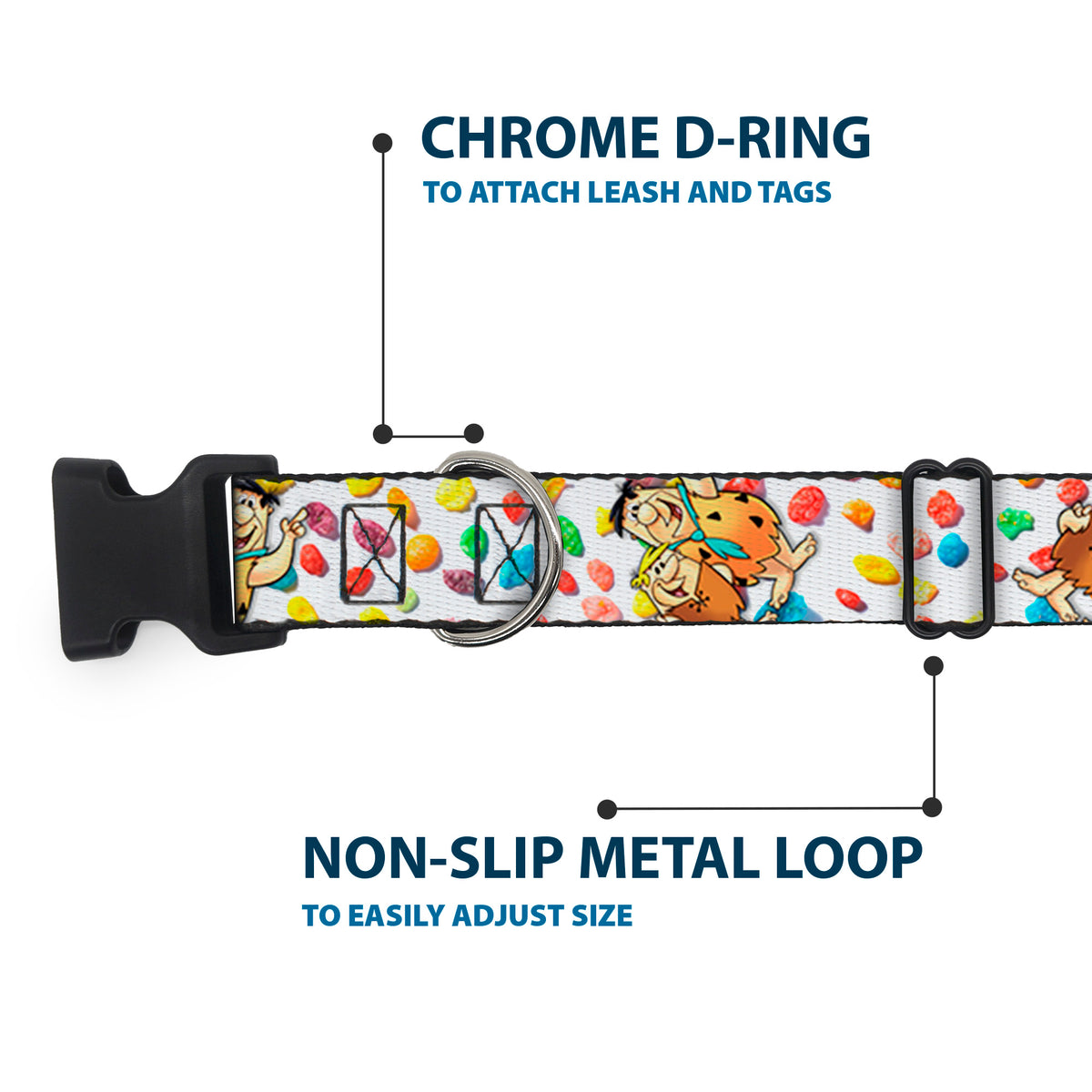 Plastic Clip Collar - Fruity Pebbles Fred Flintstone and Barney Rubble Hugging Pose and Cereal Pebbles Scattered White/Multi Color Dog Collars Plastic Clip Side Release The Flintstones