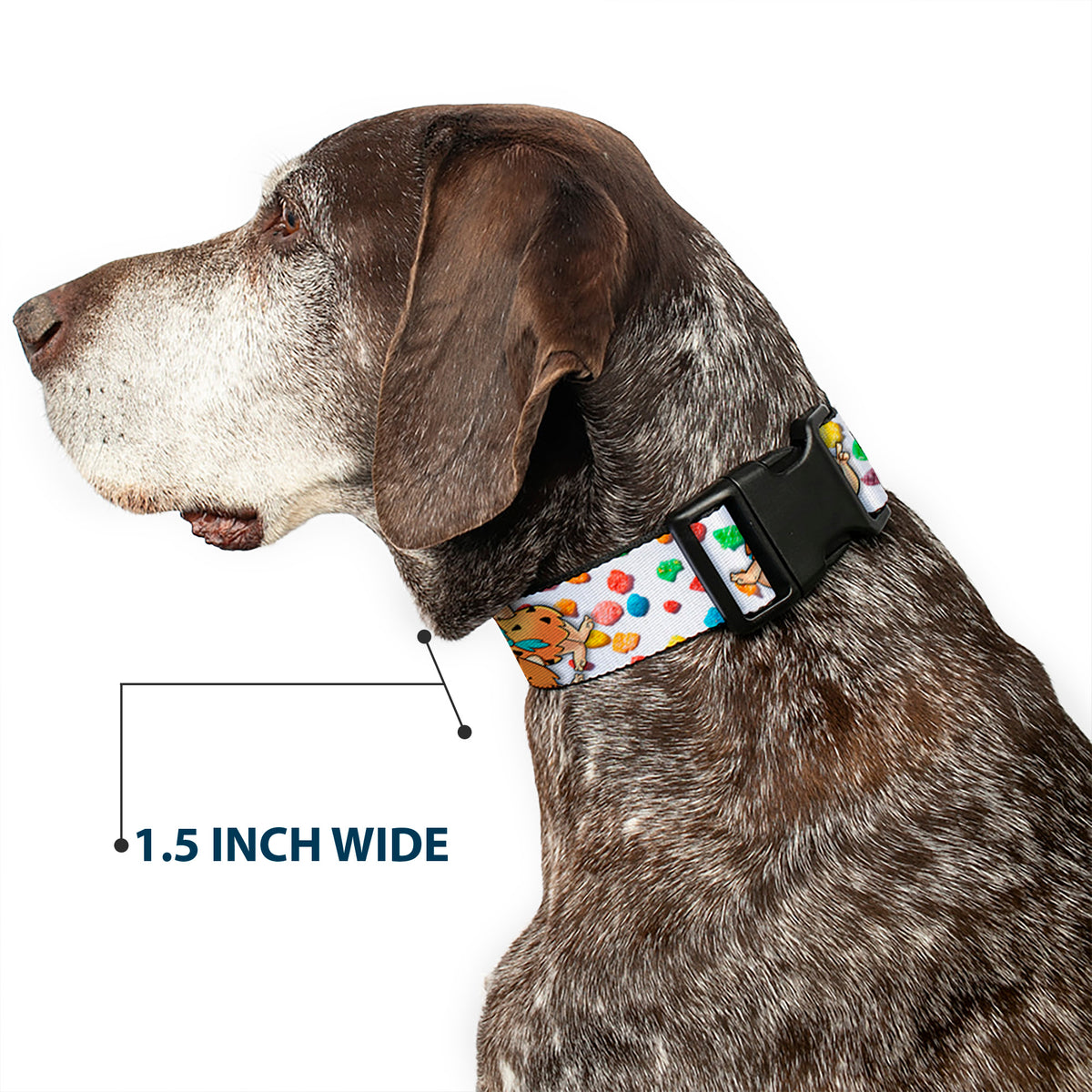 Plastic Clip Collar - Fruity Pebbles Fred Flintstone and Barney Rubble Hugging Pose and Cereal Pebbles Scattered White/Multi Color Dog Collars Plastic Clip Side Release The Flintstones
