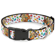 Plastic Clip Collar - Fruity Pebbles Fred Flintstone and Barney Rubble Hugging Pose and Cereal Pebbles Scattered White/Multi Color Dog Collars Plastic Clip Side Release The Flintstones