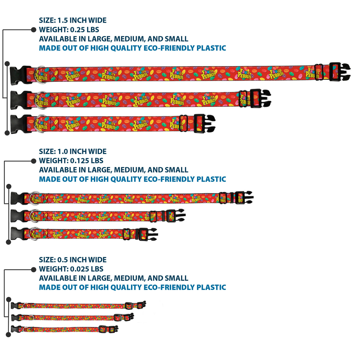Plastic Clip Collar - POST FRUITY PEBBLES Logo and Cereal Pebbles Scattered Red/Multi Color Dog Collars Plastic Clip Side Release The Flintstones