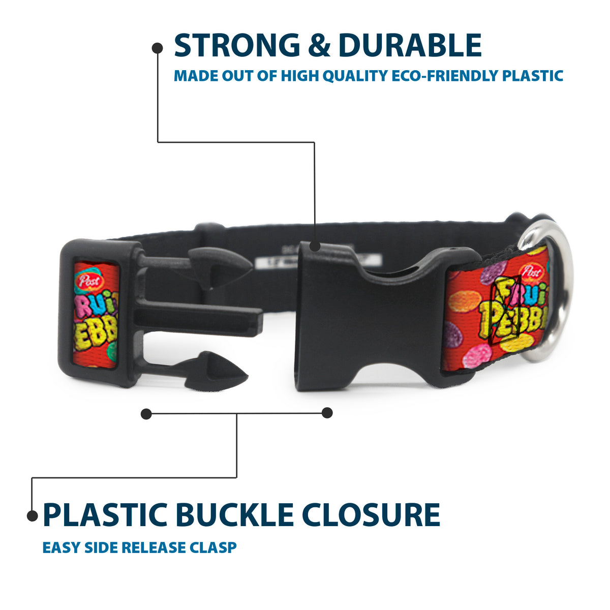 Plastic Clip Collar - POST FRUITY PEBBLES Logo and Cereal Pebbles Scattered Red/Multi Color Dog Collars Plastic Clip Side Release The Flintstones