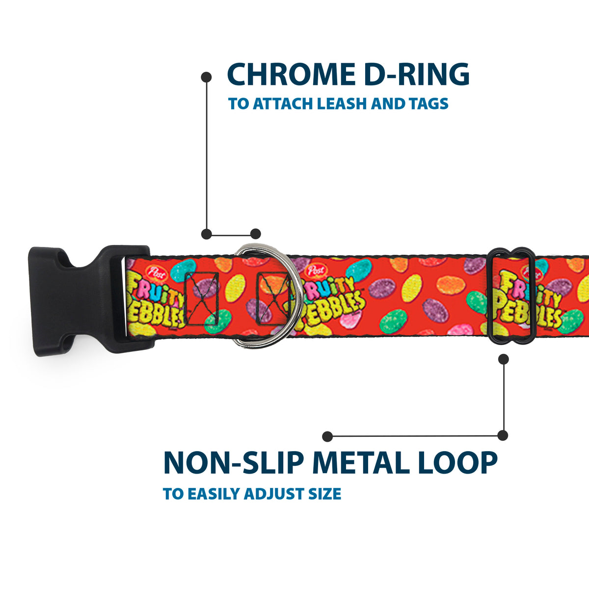 Plastic Clip Collar - POST FRUITY PEBBLES Logo and Cereal Pebbles Scattered Red/Multi Color Dog Collars Plastic Clip Side Release The Flintstones