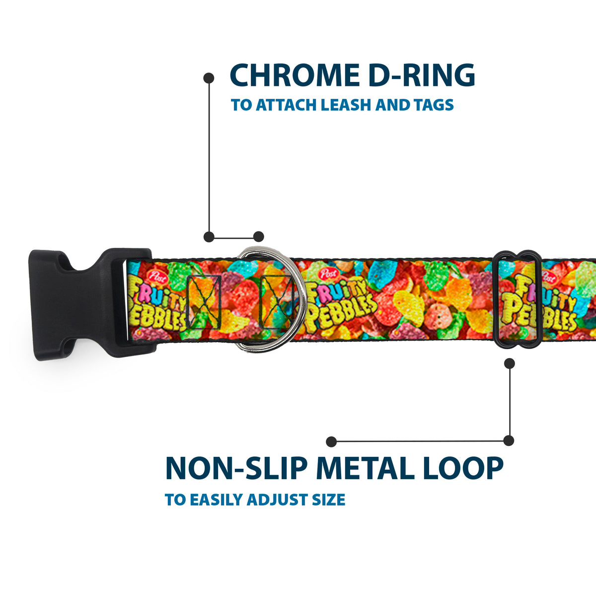 Plastic Clip Collar - POST FRUITY PEBBLES Logo and Vivid Cereal Multi Color Dog Collars Plastic Clip Side Release The Flintstones