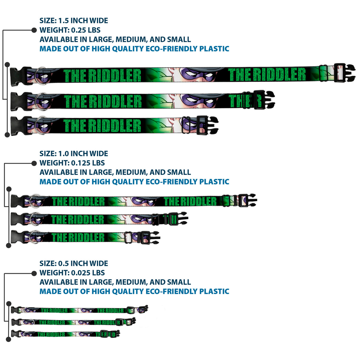 Plastic Clip Collar - THE RIDDLER/Face CLOSE-UP Black/Green Dog Collars Plastic Clip Side Release DC Comics