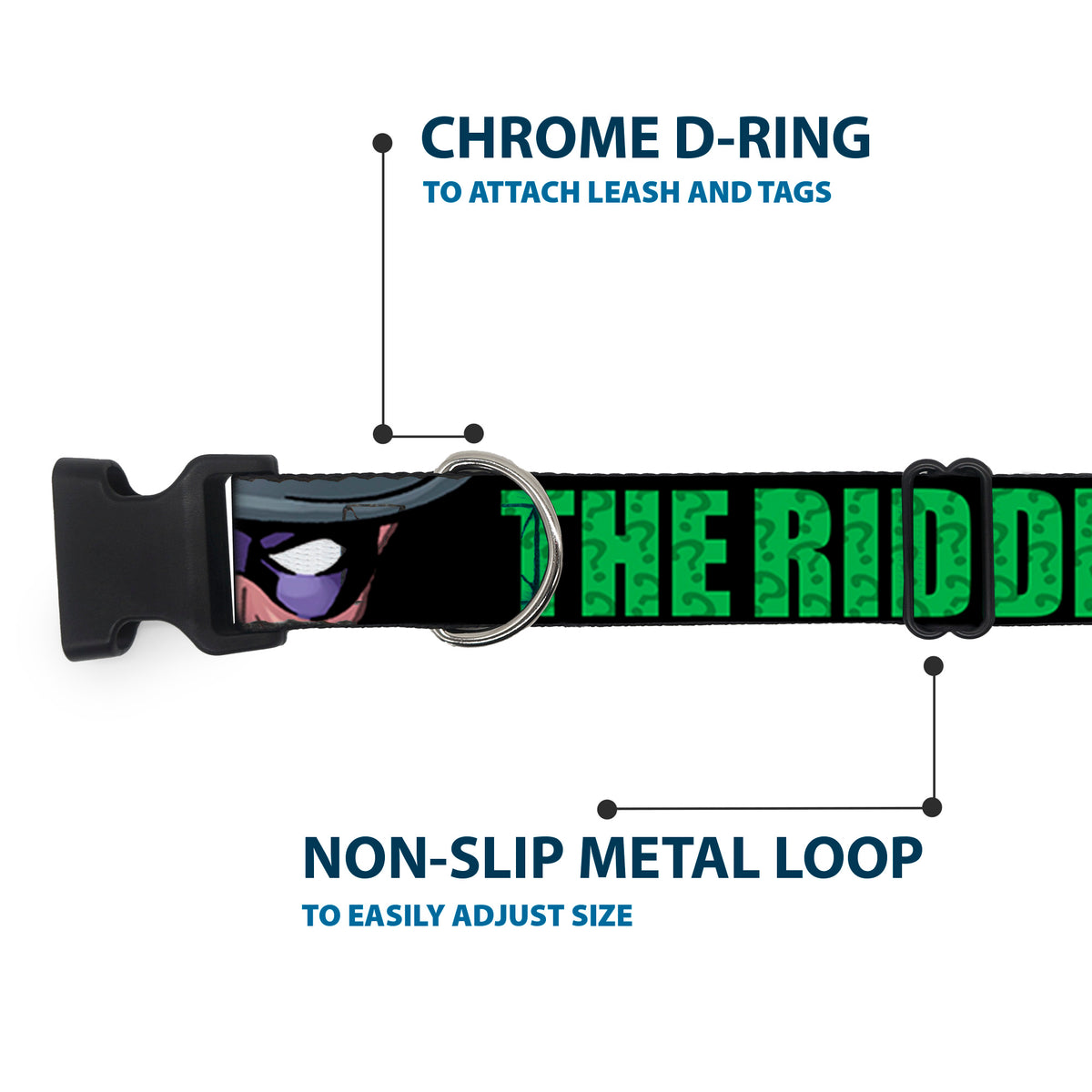 Plastic Clip Collar - THE RIDDLER/Face CLOSE-UP Black/Green Dog Collars Plastic Clip Side Release DC Comics