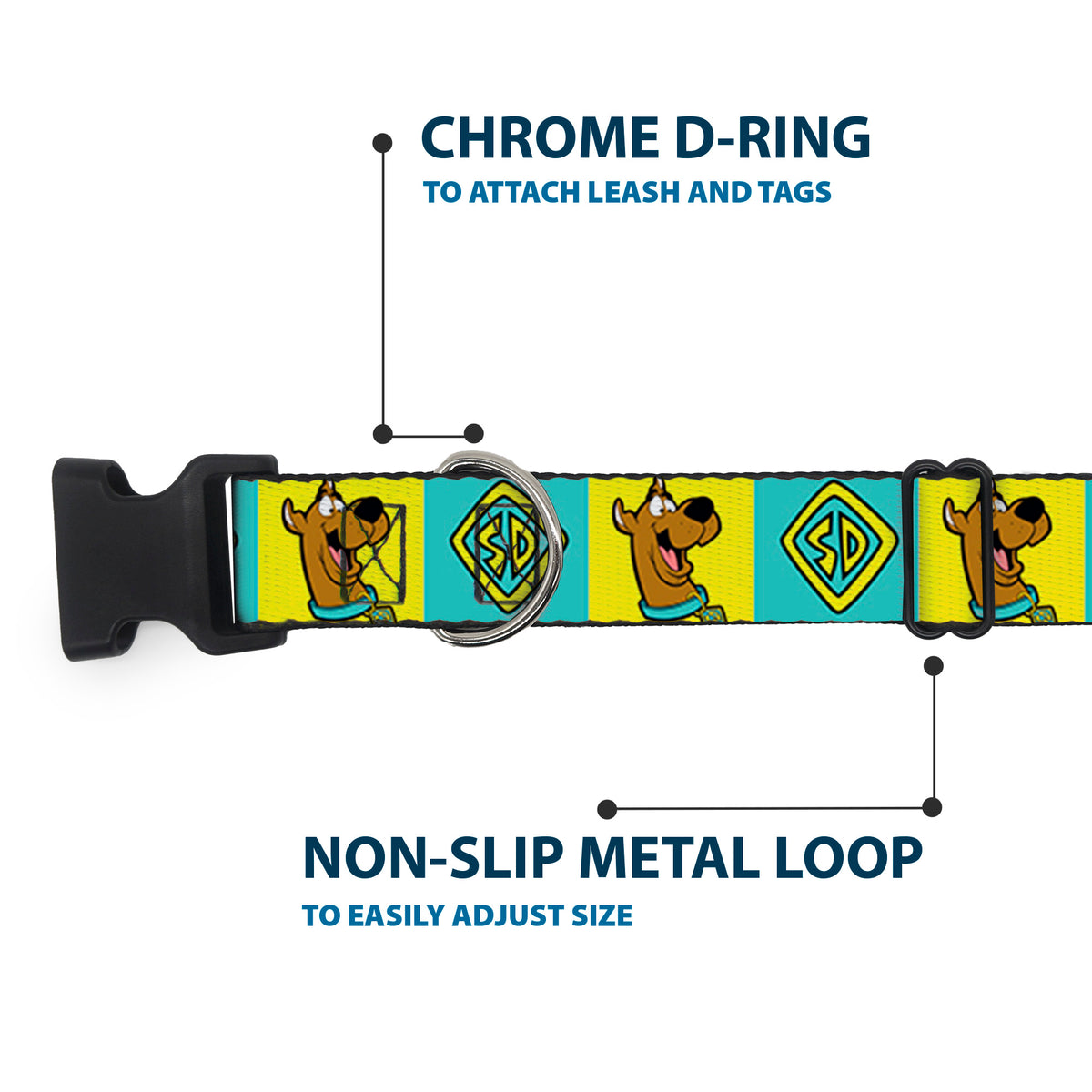 Plastic Clip Collar - Scooby Doo Pose and Dog Tag Blocks Yellow/Blue Dog Collars Plastic Clip Side Release Scooby Doo