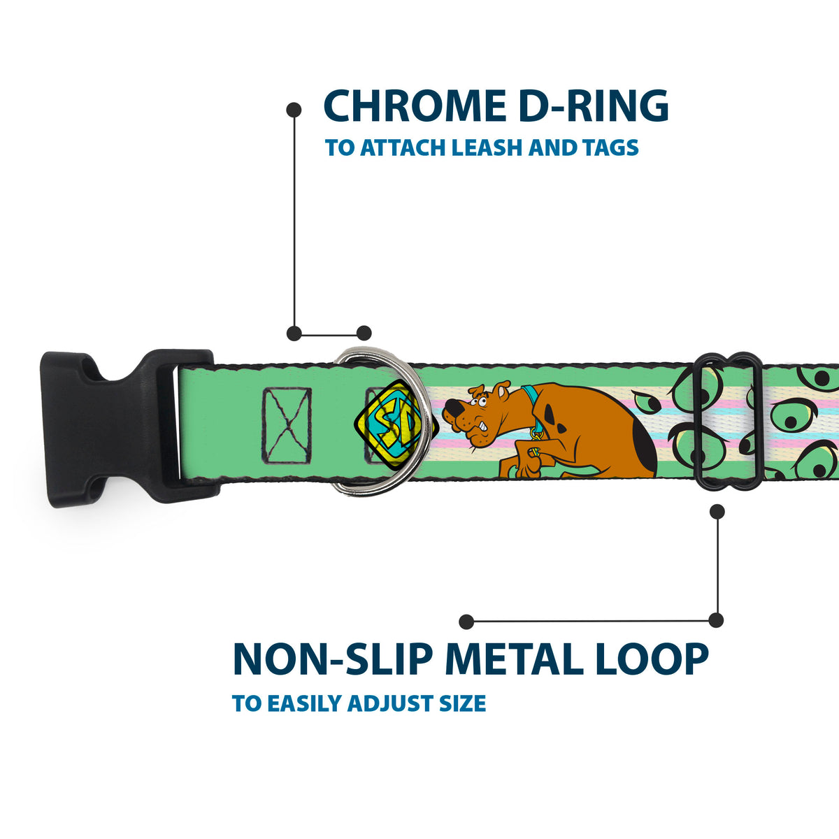 Plastic Clip Collar - Scooby-Doo Sneaking Pose and Monster Eyes Greens Dog Collars Plastic Clip Side Release Scooby Doo