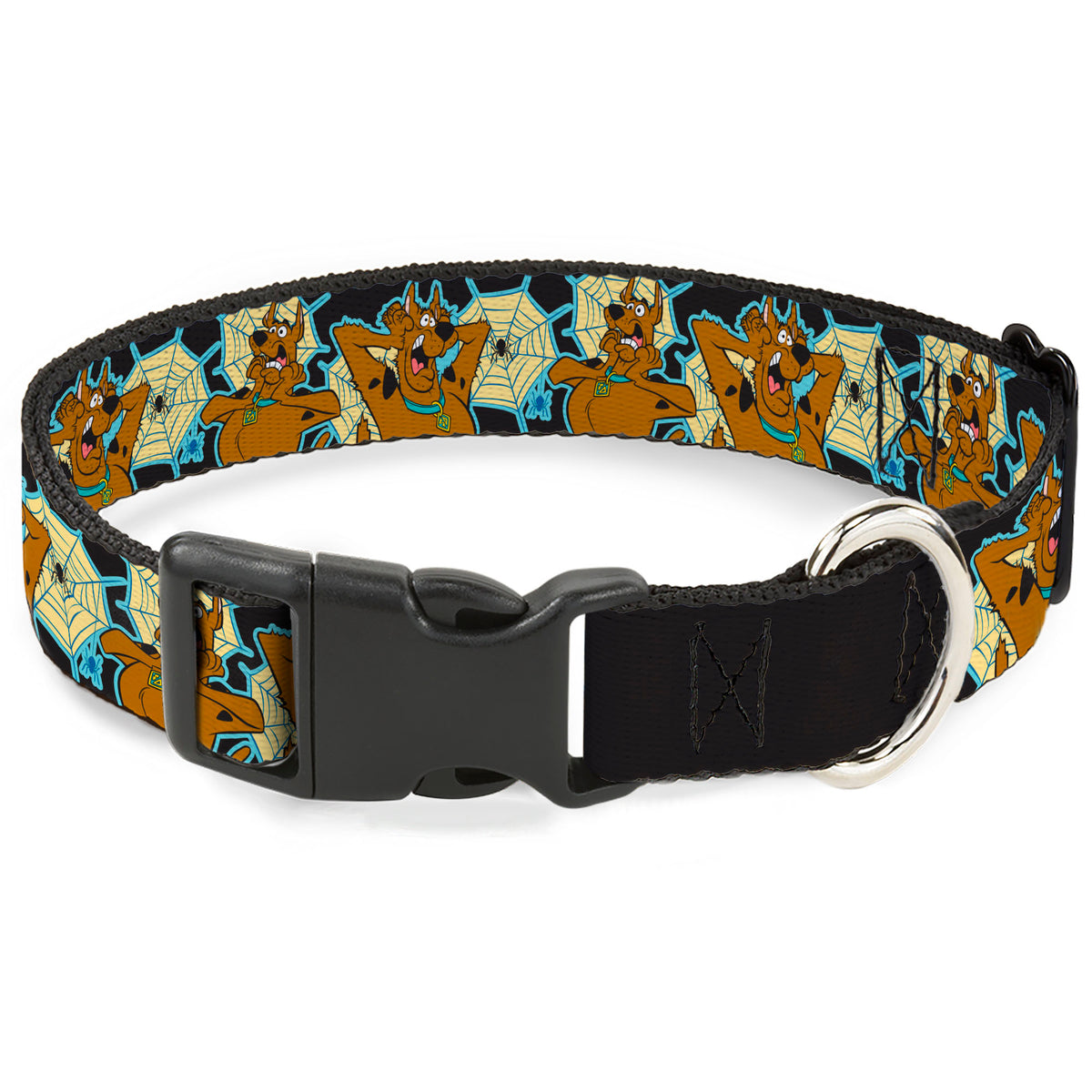 Plastic Clip Collar - Scooby-Doo Scared Spider Web Poses Black Dog Collars Plastic Clip Side Release Scooby Doo