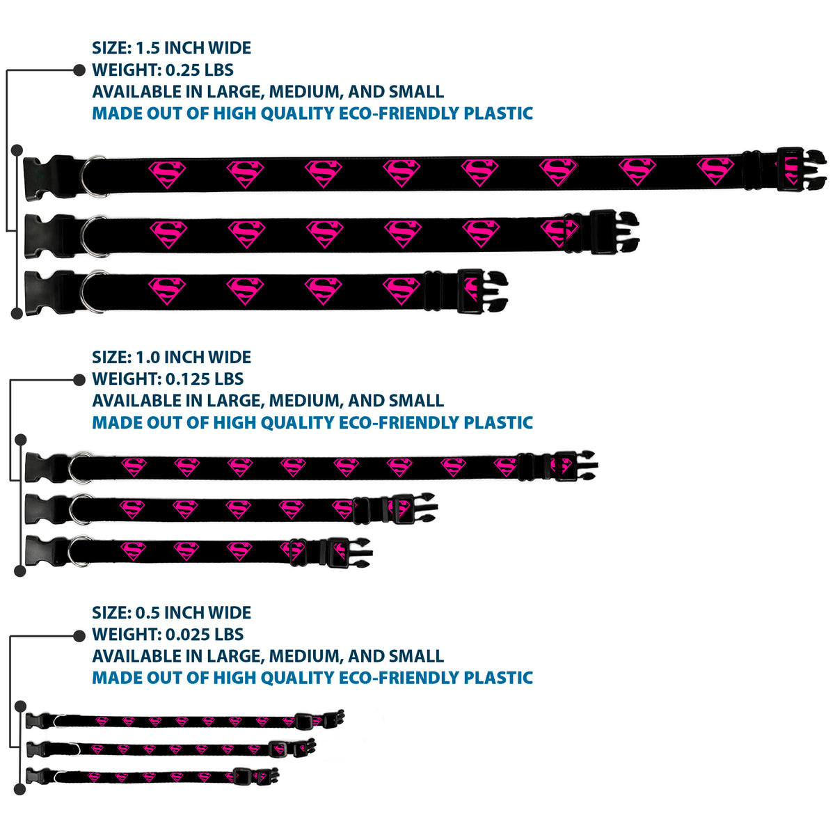 Plastic Clip Collar - Superman Shield Black/Hot Pink Dog Collars Plastic Clip Side Release DC Comics