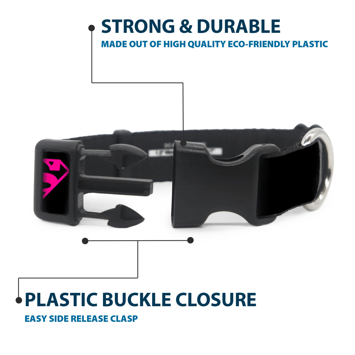 Plastic Clip Collar - Superman Shield Black/Hot Pink Dog Collars Plastic Clip Side Release DC Comics