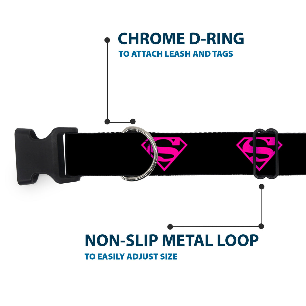 Plastic Clip Collar - Superman Shield Black/Hot Pink Dog Collars Plastic Clip Side Release DC Comics