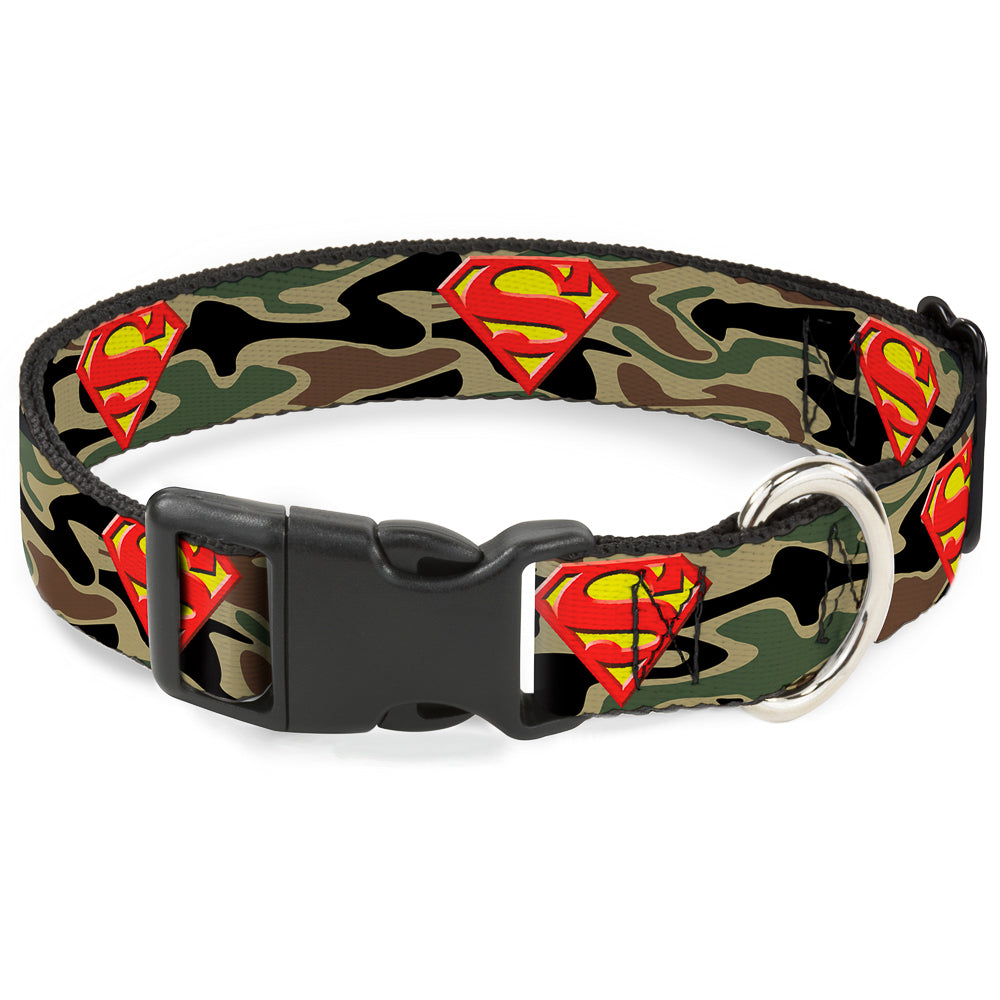 Plastic Clip Collar - Superman Shield Camo Olive Dog Collars Plastic Clip Side Release DC Comics