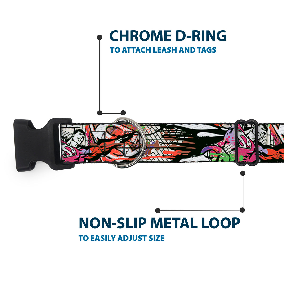 Plastic Clip Collar - Superman Color Flying Bricks Scene Dog Collars Plastic Clip Side Release DC Comics
