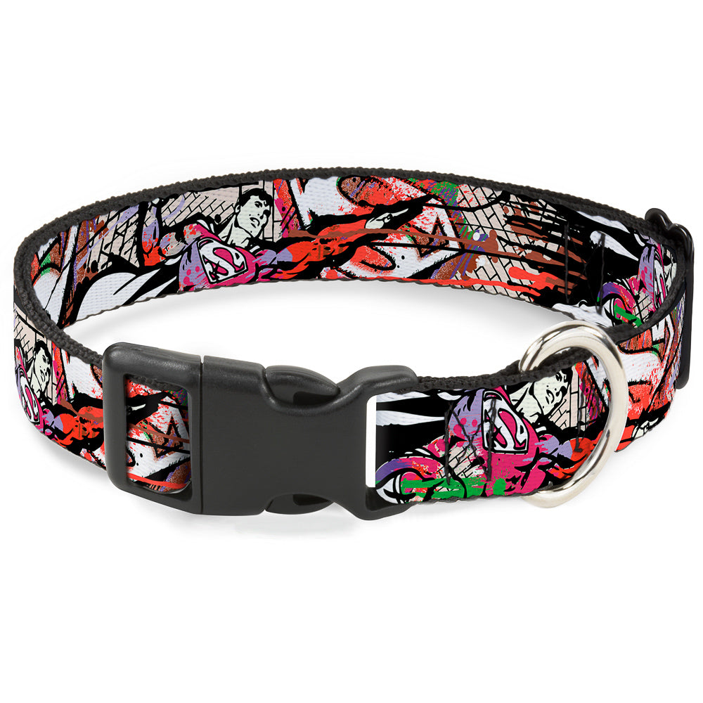 Plastic Clip Collar - Superman Color Flying Bricks Scene Dog Collars Plastic Clip Side Release DC Comics