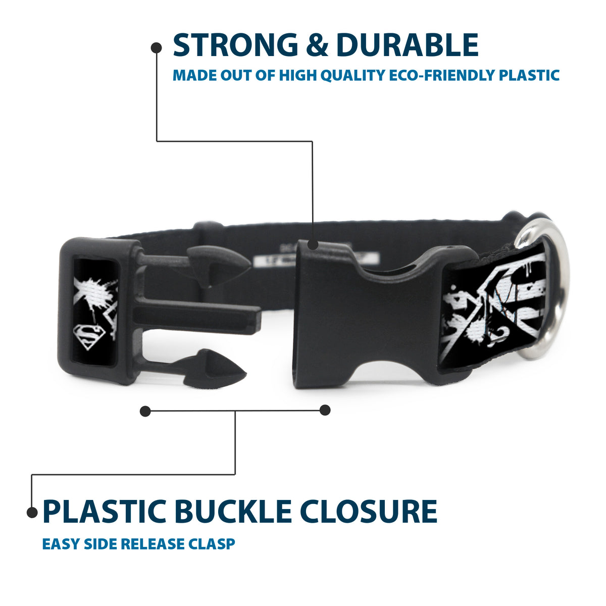 Plastic Clip Collar - Superman Shield Splatter Black/White Dog Collars Plastic Clip Side Release DC Comics