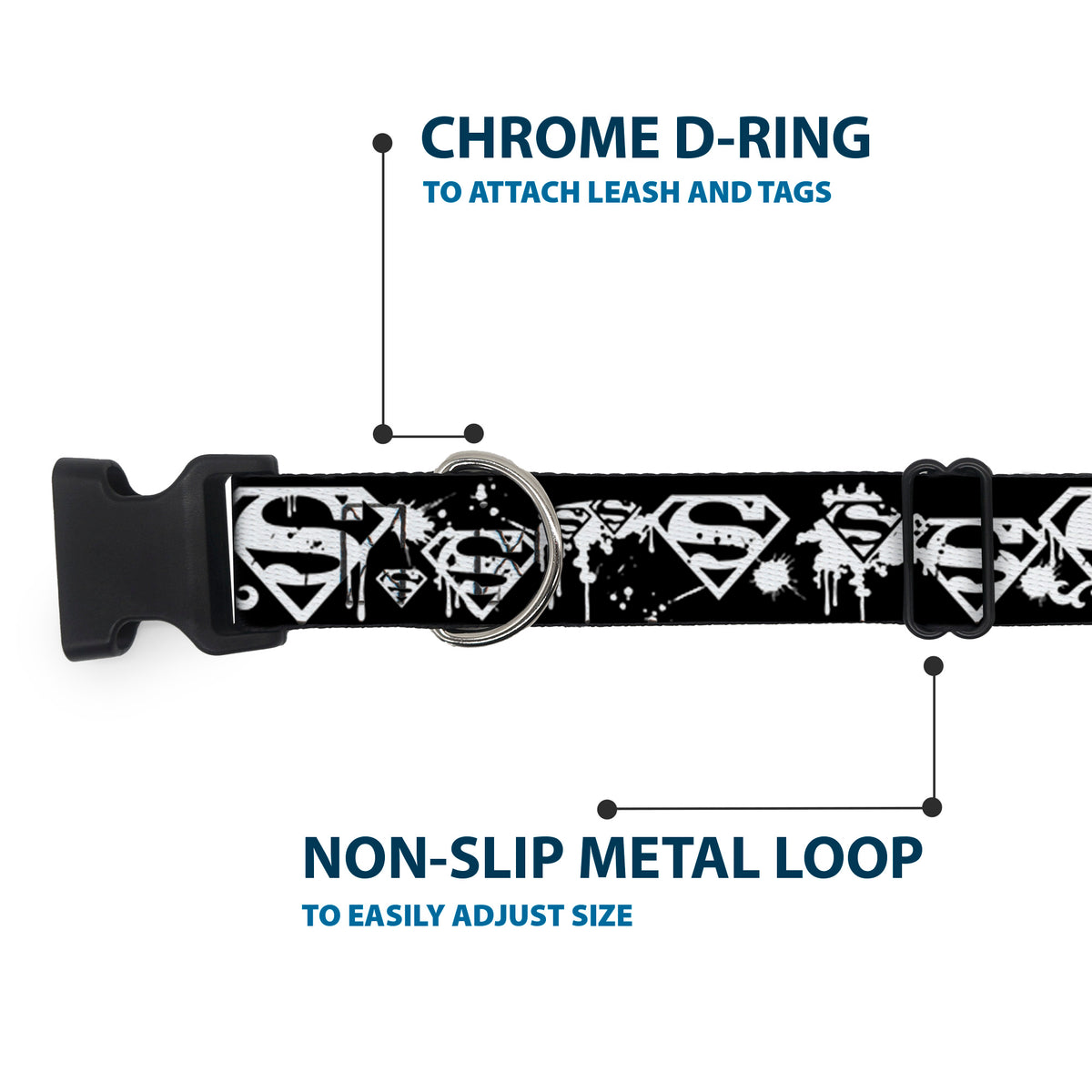 Plastic Clip Collar - Superman Shield Splatter Black/White Dog Collars Plastic Clip Side Release DC Comics