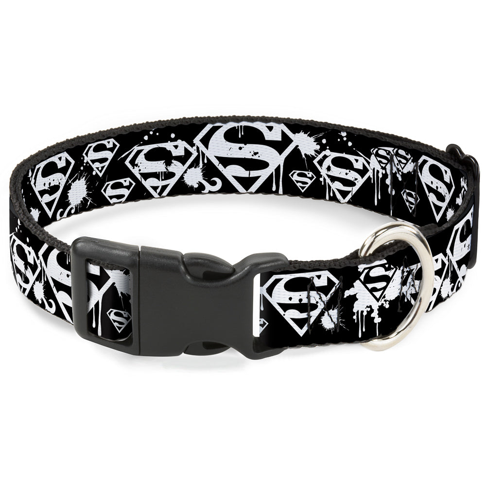 Plastic Clip Collar - Superman Shield Splatter Black/White Dog Collars Plastic Clip Side Release DC Comics