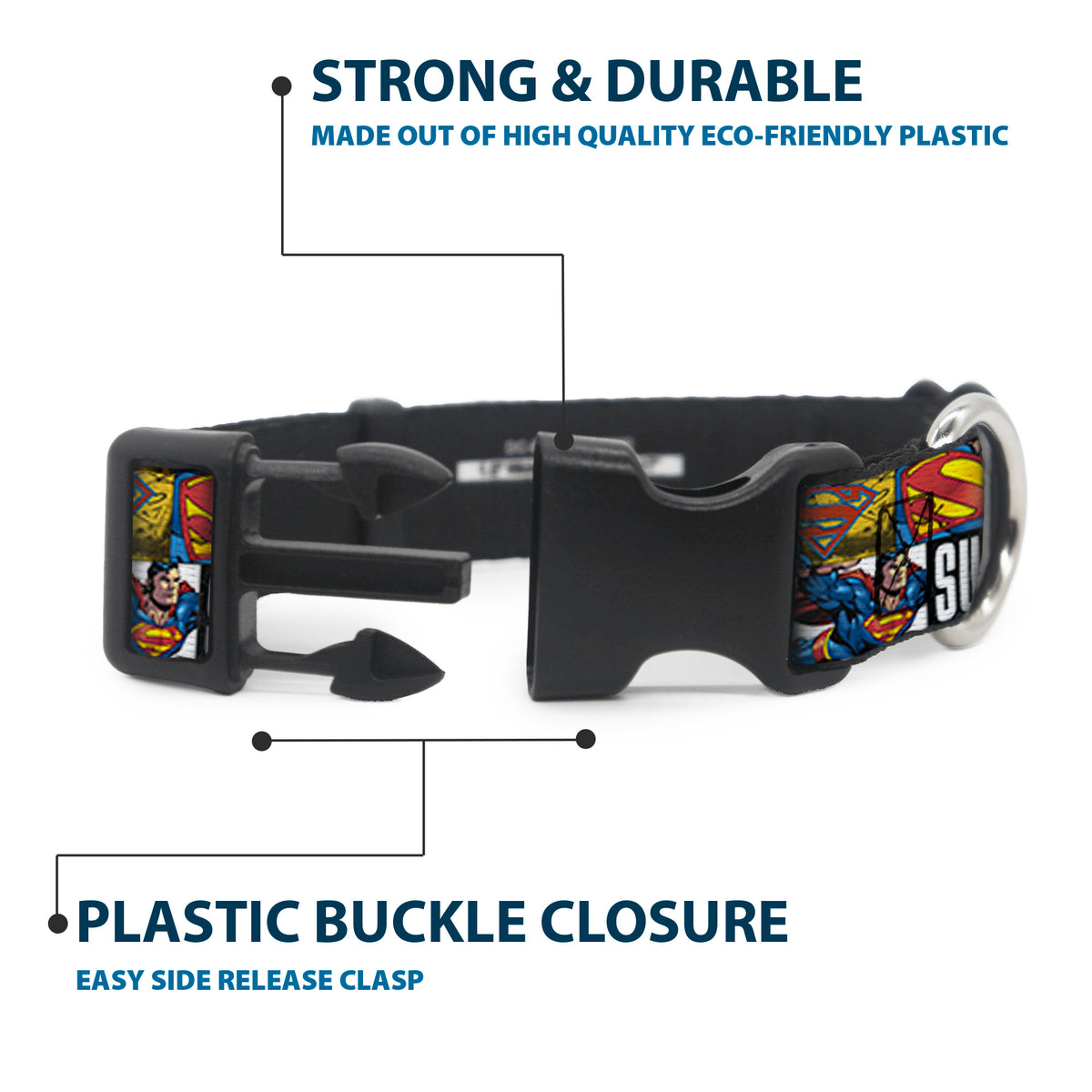 Plastic Clip Collar - SUPERMAN Action Blocks White Dog Collars Plastic Clip Side Release DC Comics