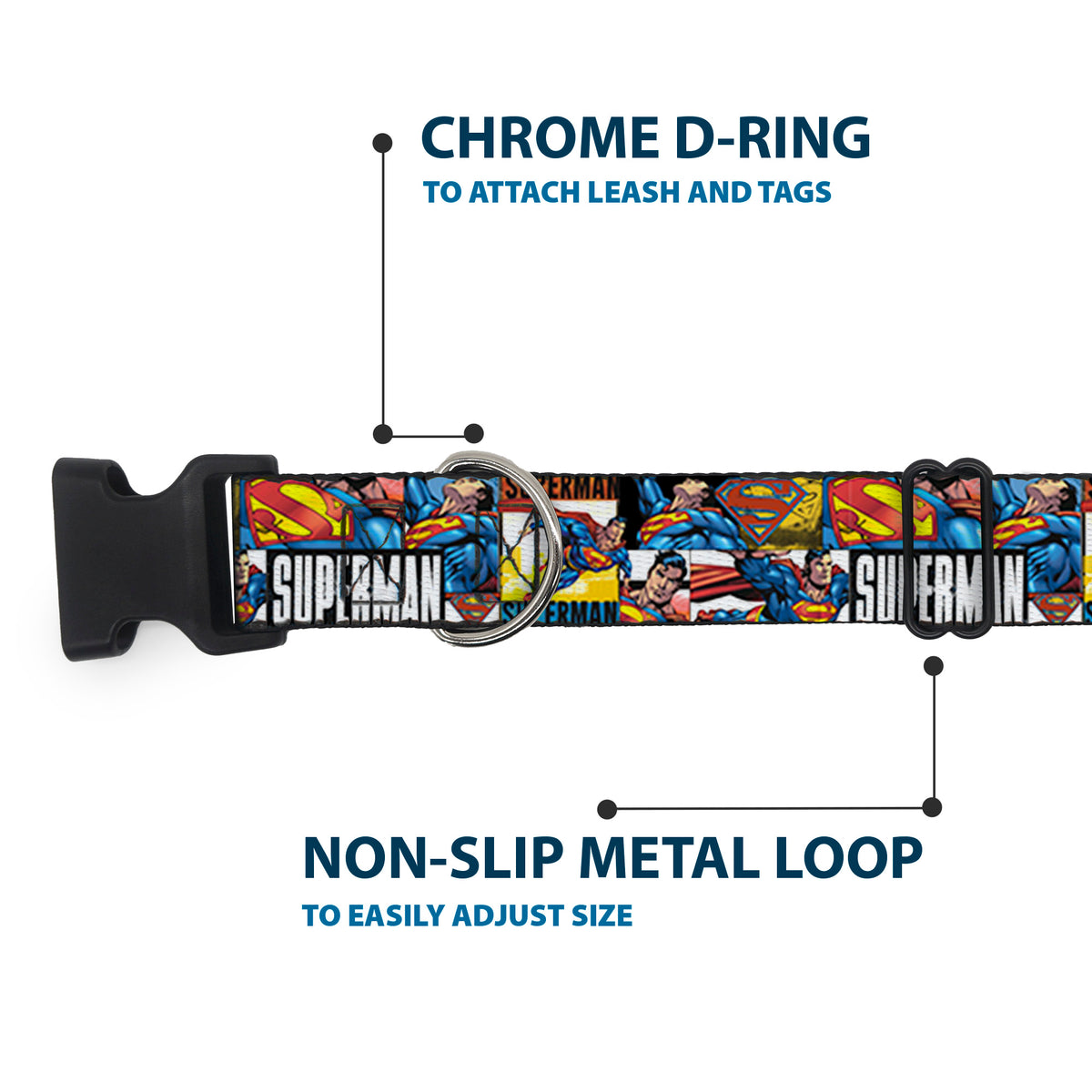Plastic Clip Collar - SUPERMAN Action Blocks White Dog Collars Plastic Clip Side Release DC Comics