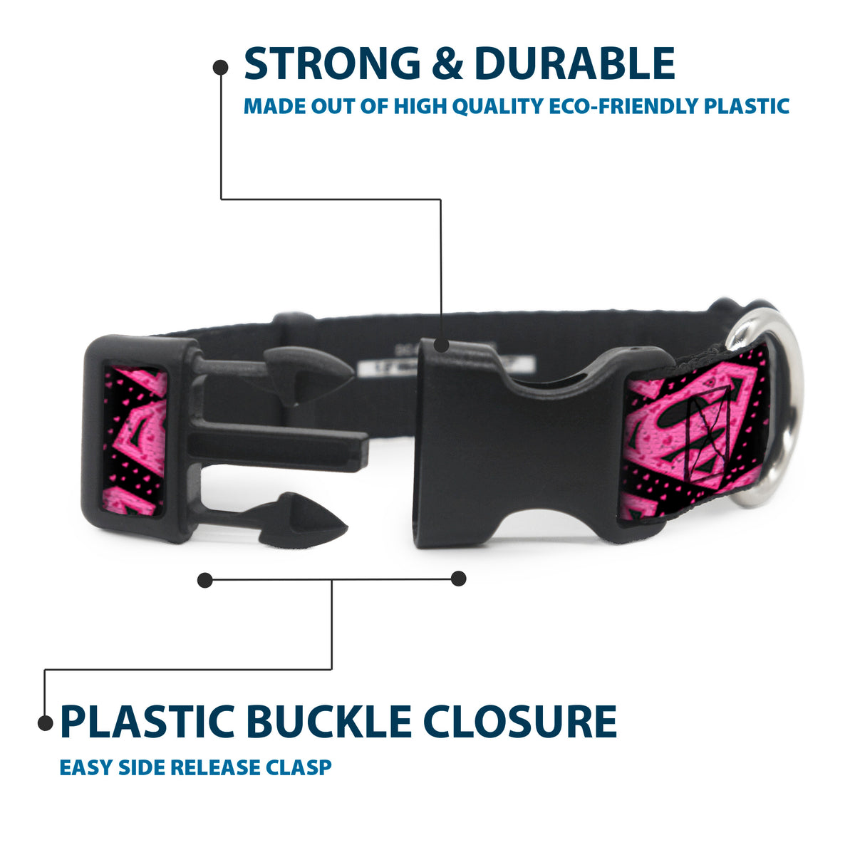 Plastic Clip Collar - Diagonal Superman Logo w/Hearts Black/Pink Dog Collars Plastic Clip Side Release DC Comics
