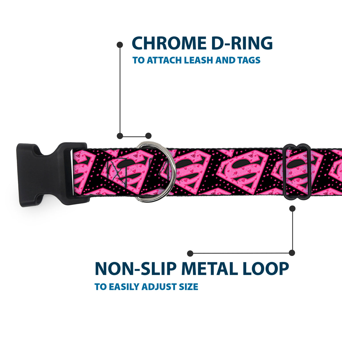 Plastic Clip Collar - Diagonal Superman Logo w/Hearts Black/Pink Dog Collars Plastic Clip Side Release DC Comics