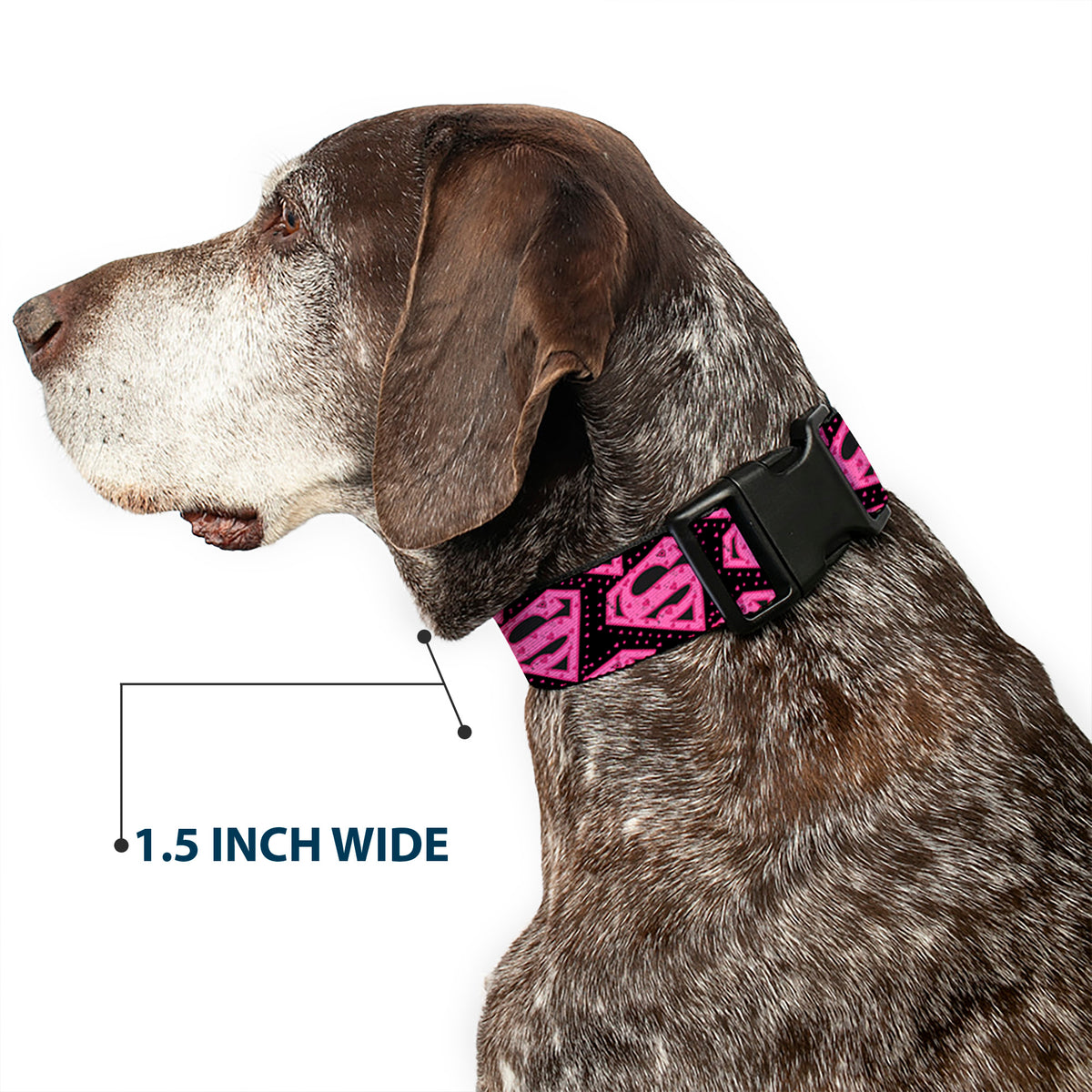 Plastic Clip Collar - Diagonal Superman Logo w/Hearts Black/Pink Dog Collars Plastic Clip Side Release DC Comics