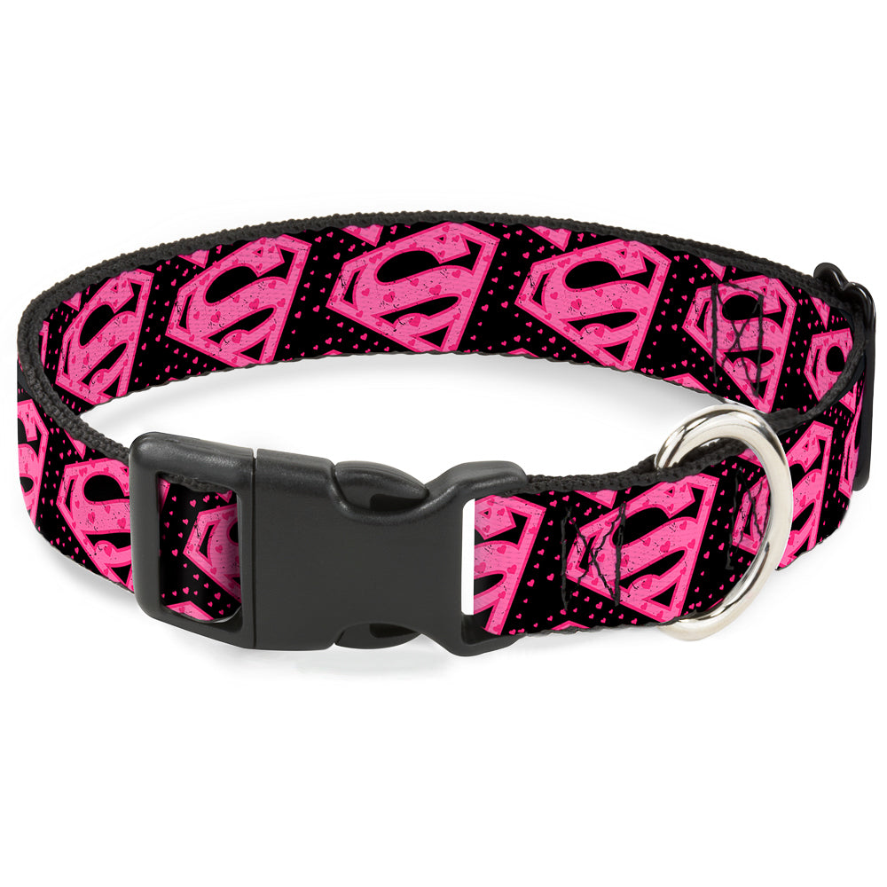 Plastic Clip Collar - Diagonal Superman Logo w/Hearts Black/Pink Dog Collars Plastic Clip Side Release DC Comics