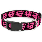 Plastic Clip Collar - Diagonal Superman Logo w/Hearts Black/Pink Dog Collars Plastic Clip Side Release DC Comics