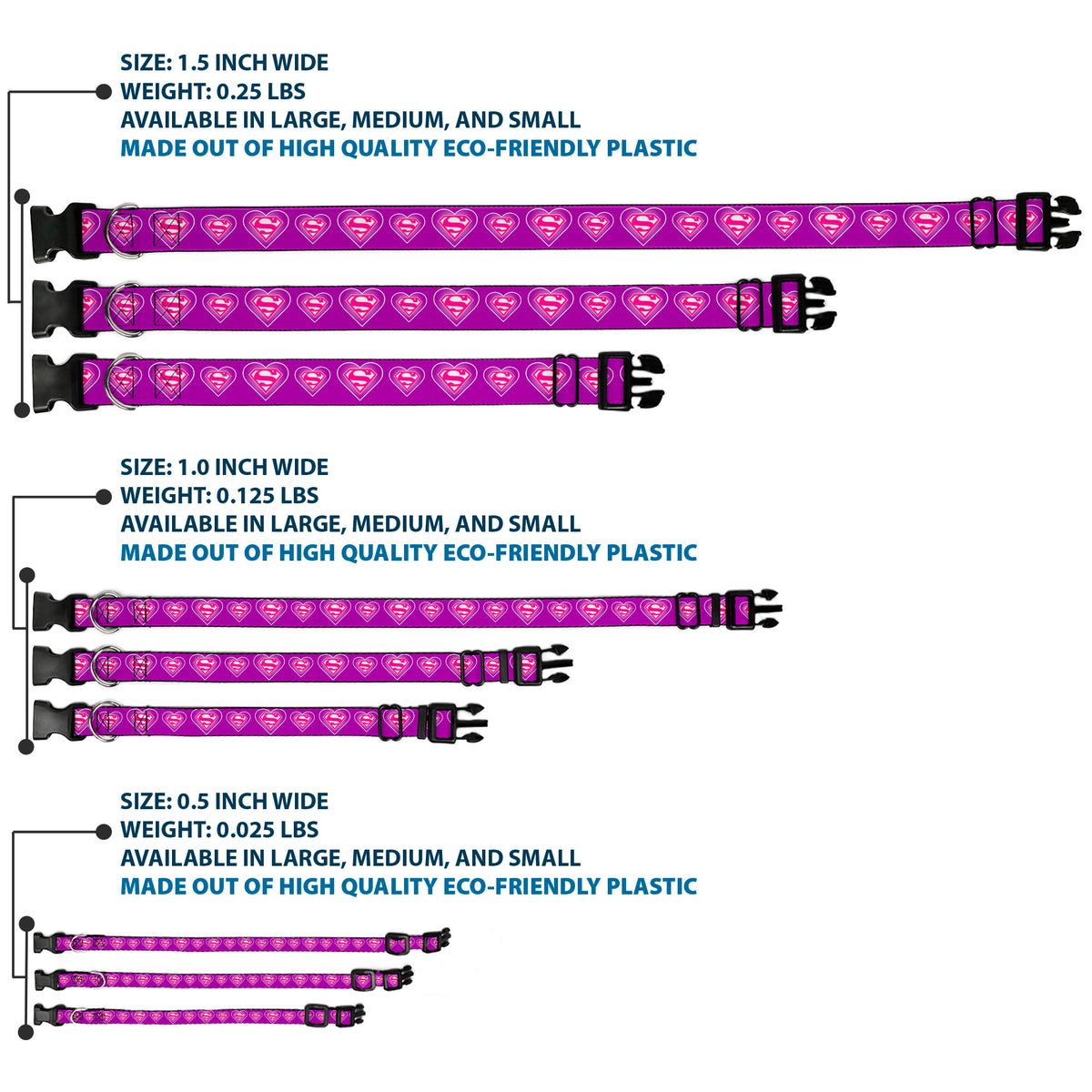 Plastic Clip Collar - Superman Logo in Heart Purple/White/Pink Dog Collars Plastic Clip Side Release DC Comics