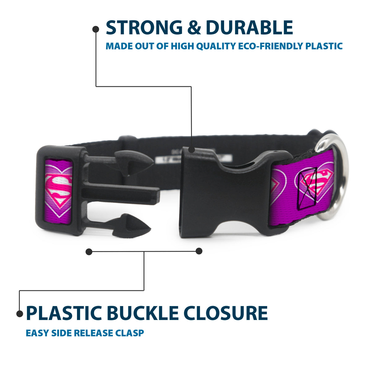 Plastic Clip Collar - Superman Logo in Heart Purple/White/Pink Dog Collars Plastic Clip Side Release DC Comics