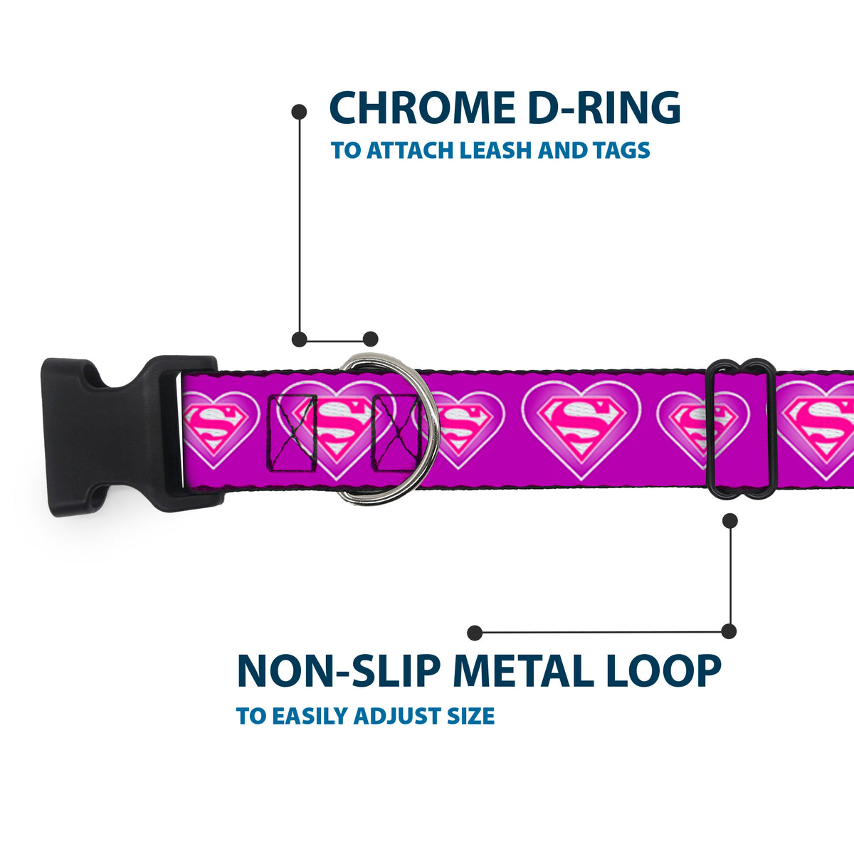 Plastic Clip Collar - Superman Logo in Heart Purple/White/Pink Dog Collars Plastic Clip Side Release DC Comics