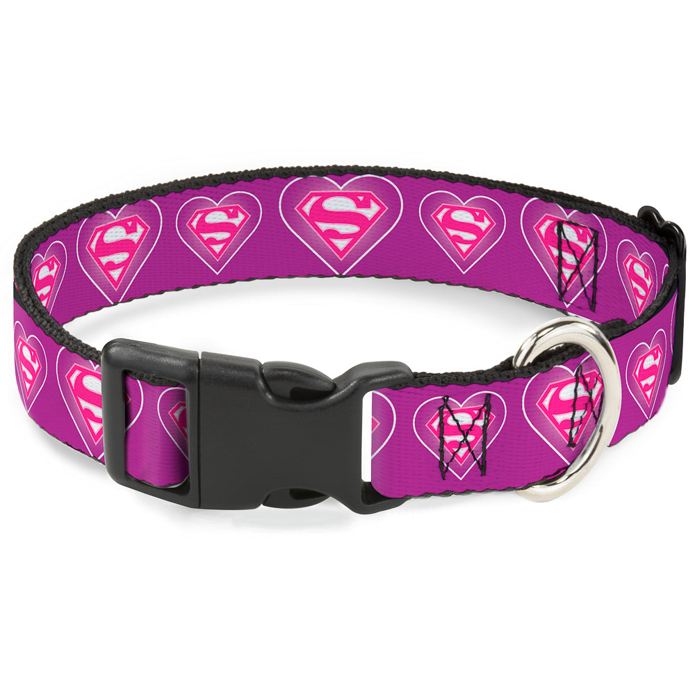 Plastic Clip Collar - Superman Logo in Heart Purple/White/Pink Dog Collars Plastic Clip Side Release DC Comics
