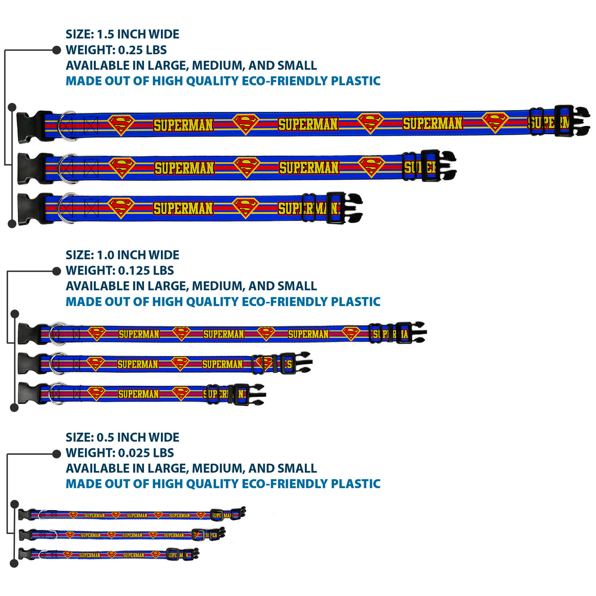 Plastic Clip Collar - SUPERMAN/Shield Stripe Blue/Yellow/Red Dog Collars Plastic Clip Side Release DC Comics