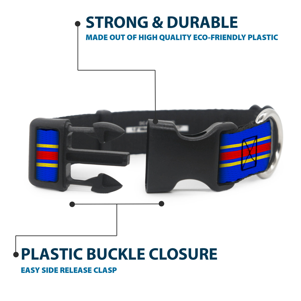 Plastic Clip Collar - SUPERMAN/Shield Stripe Blue/Yellow/Red Dog Collars Plastic Clip Side Release DC Comics