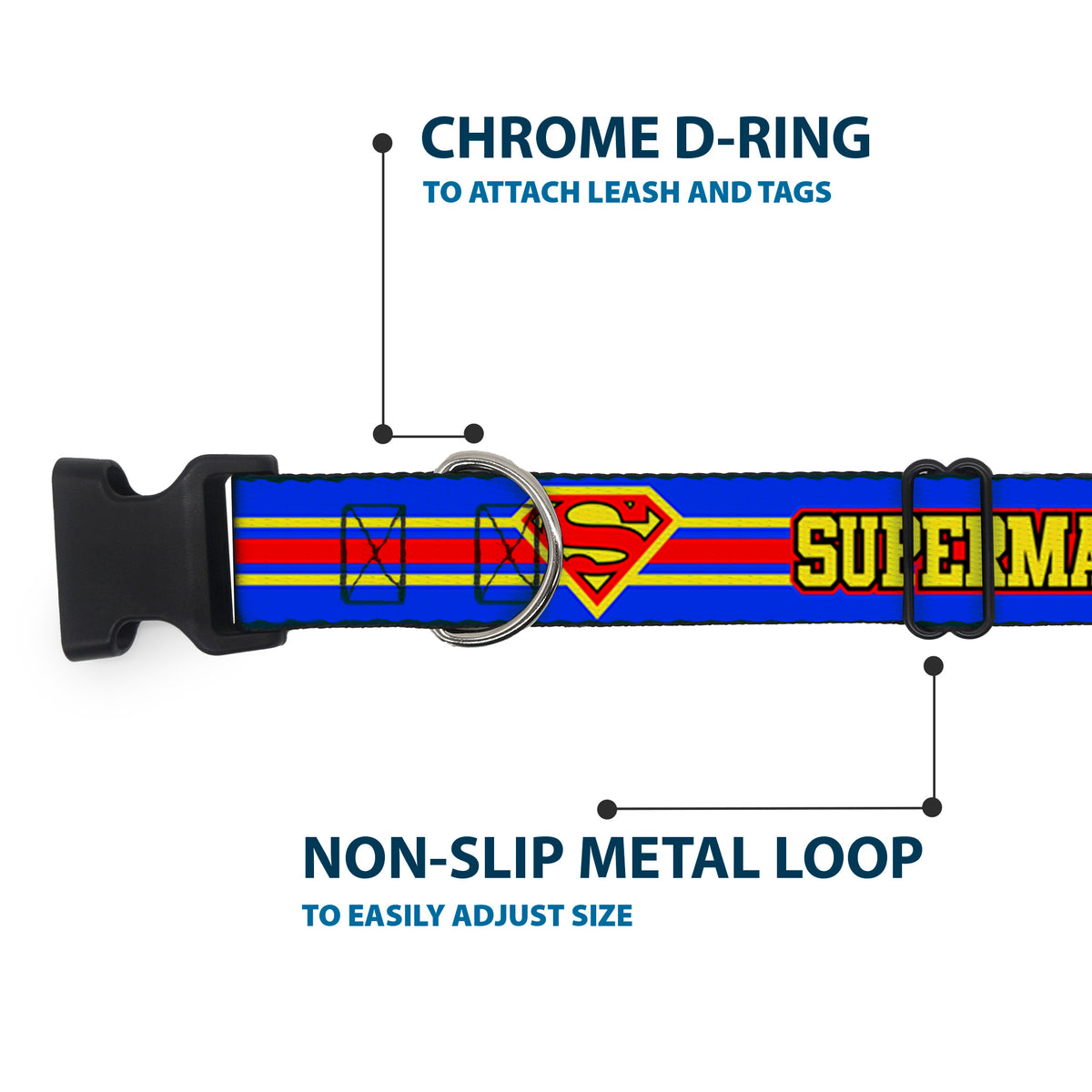 Plastic Clip Collar - SUPERMAN/Shield Stripe Blue/Yellow/Red Dog Collars Plastic Clip Side Release DC Comics