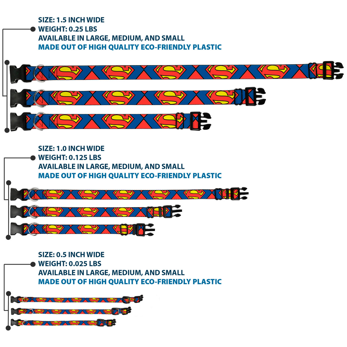 Plastic Clip Collar - Superman Shield CLOSE-UP Blue/Red/Yellow Dog Collars Plastic Clip Side Release DC Comics
