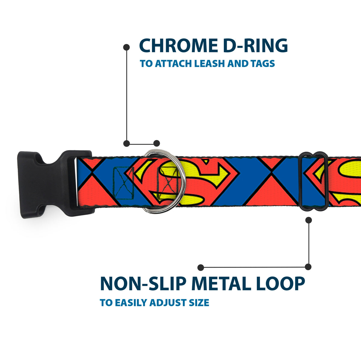 Plastic Clip Collar - Superman Shield CLOSE-UP Blue/Red/Yellow Dog Collars Plastic Clip Side Release DC Comics