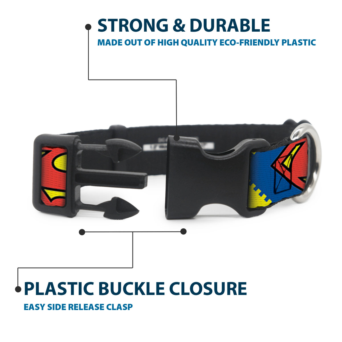 Plastic Clip Collar - Jagged Superman Shield CLOSE-UP Yellow/Blue/Red Dog Collars Plastic Clip Side Release DC Comics