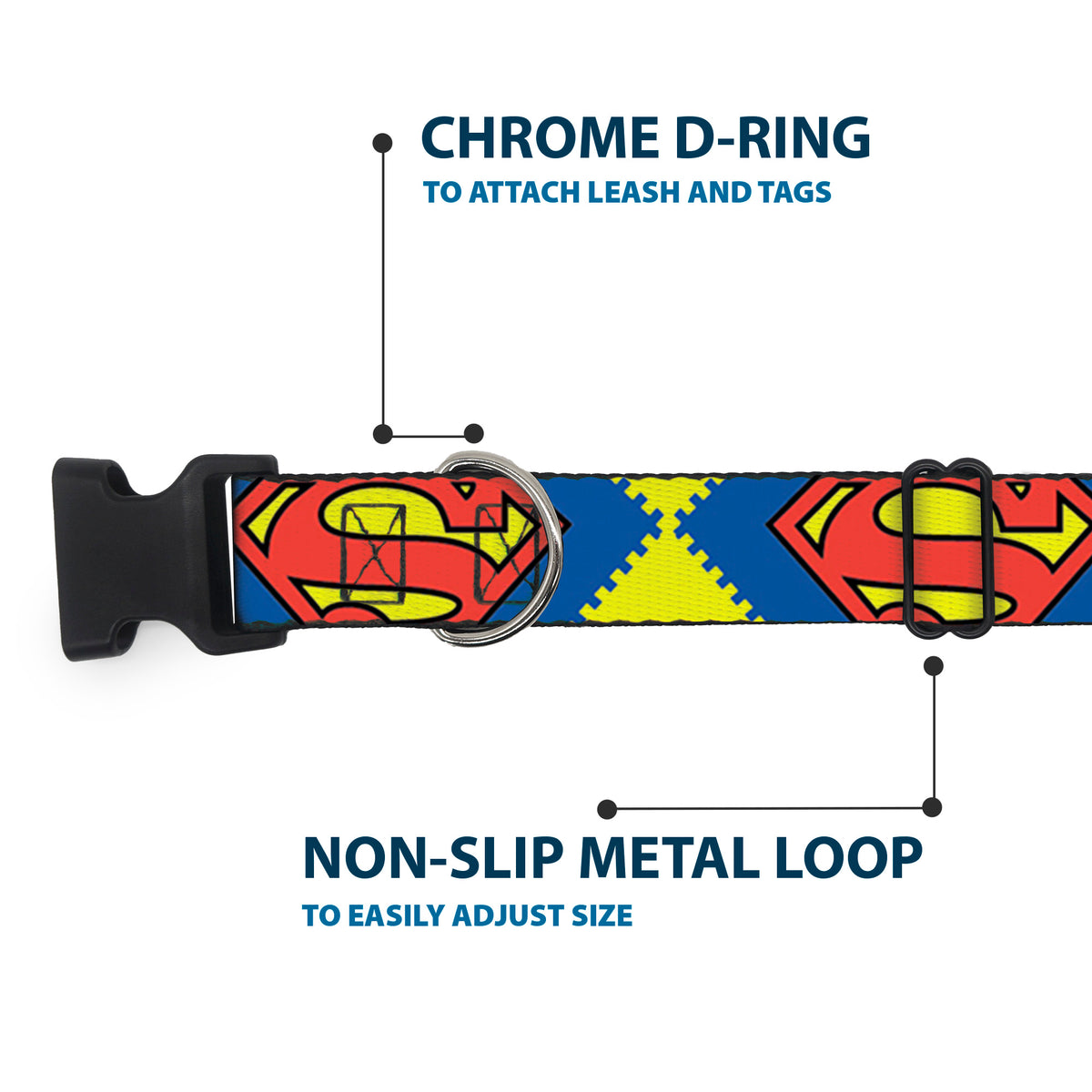 Plastic Clip Collar - Jagged Superman Shield CLOSE-UP Yellow/Blue/Red Dog Collars Plastic Clip Side Release DC Comics