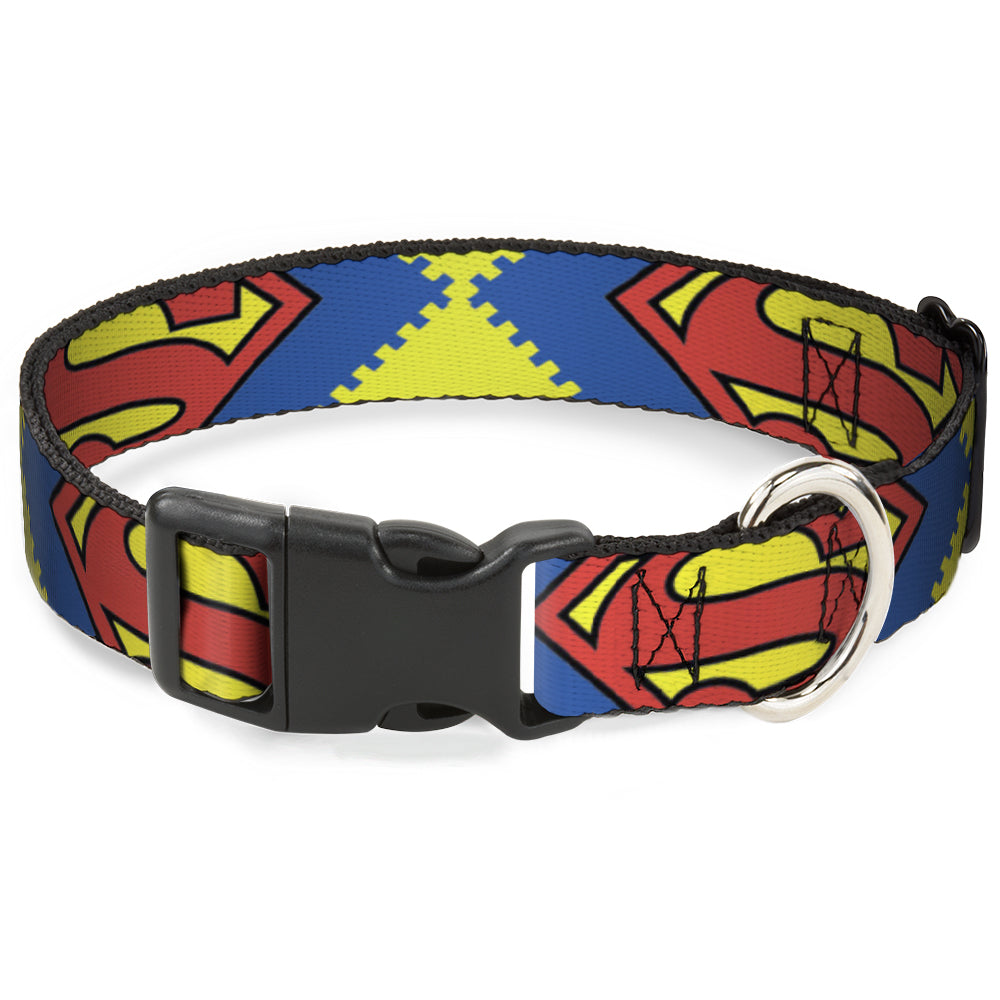 Plastic Clip Collar - Jagged Superman Shield CLOSE-UP Yellow/Blue/Red Dog Collars Plastic Clip Side Release DC Comics