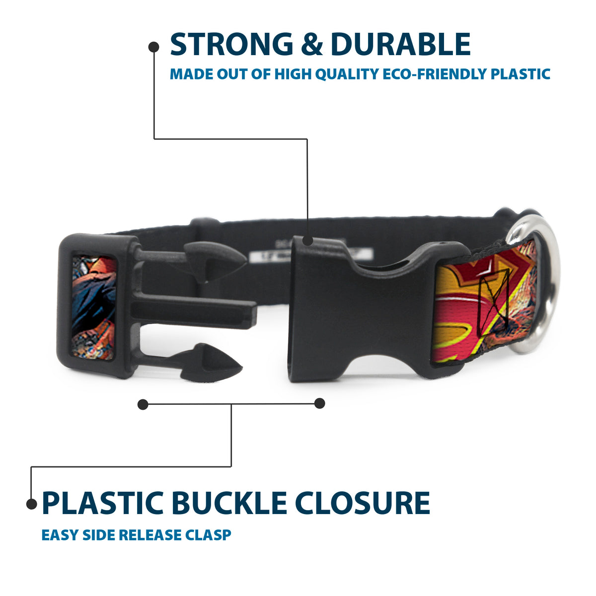 Plastic Clip Collar - Superman Unchained Explosion Action Pose/Wraith/Shield Golds/Reds Dog Collars Plastic Clip Side Release DC Comics