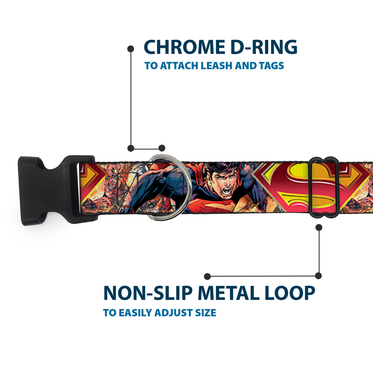 Plastic Clip Collar - Superman Unchained Explosion Action Pose/Wraith/Shield Golds/Reds Dog Collars Plastic Clip Side Release DC Comics