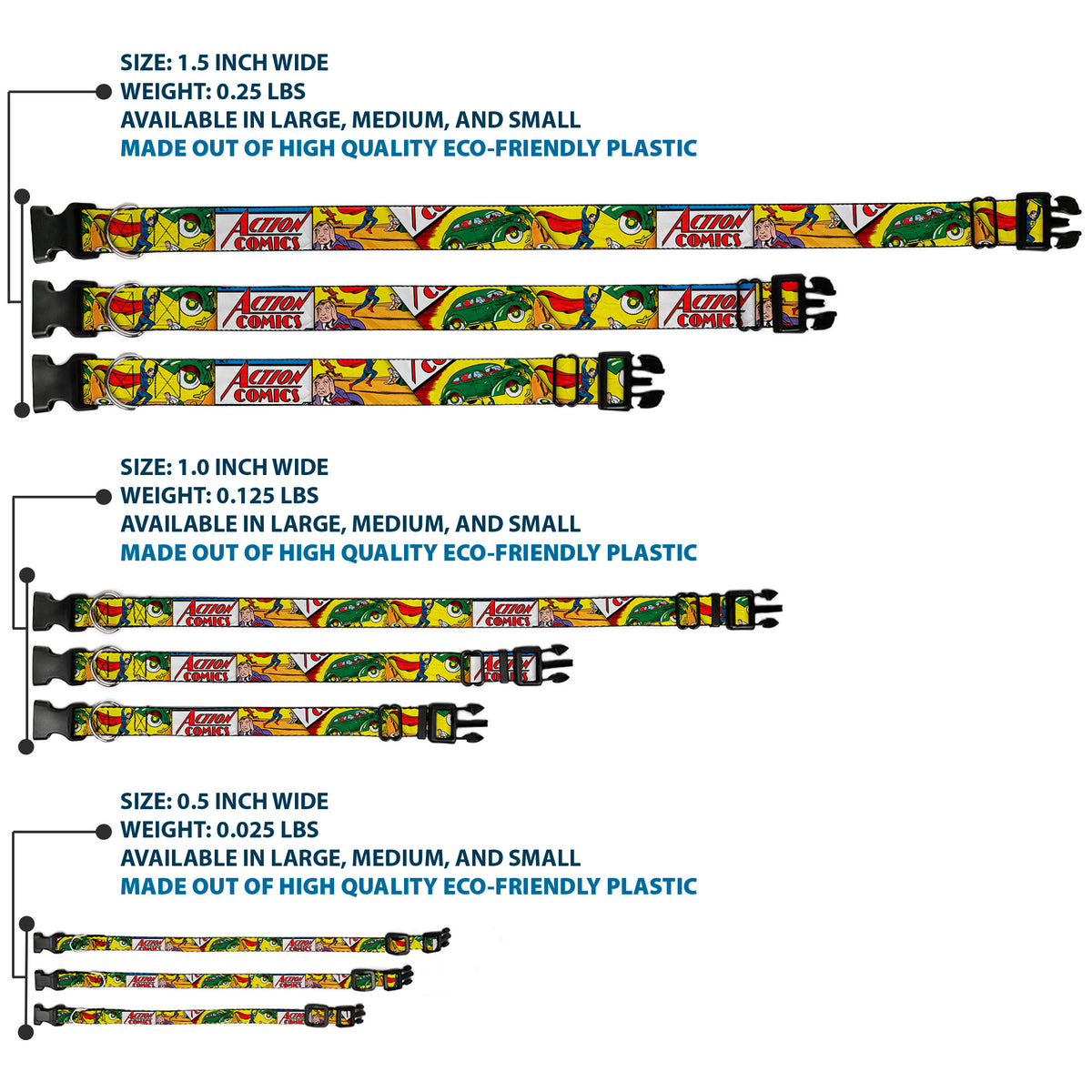 Plastic Clip Collar - Classic ACTION COMICS Issue #1 Cover Superman Lifting Car Stacked Dog Collars Plastic Clip Side Release DC Comics
