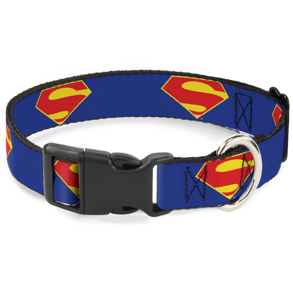 Plastic Clip Collar - DC League of Super-Pets Superman Shield Logo Blue/Red/Yellow Dog Collars Plastic Clip Side Release DC Comics