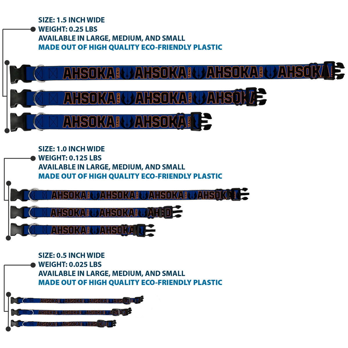 Plastic Clip Collar - Star Wars TANO AHSOKA Pose/Jedi Order Insignia Blues/Gray Dog Collars Plastic Clip Side Release Star Wars