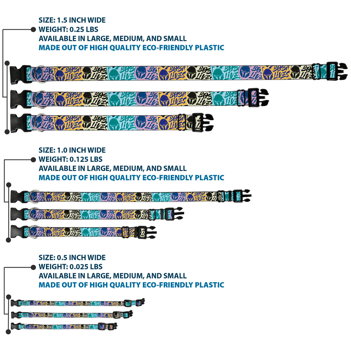 Plastic Clip Collar - Boba Fett BOBA LIVES Graffiti Stacked Multi Color Dog Collars Plastic Clip Side Release Star Wars