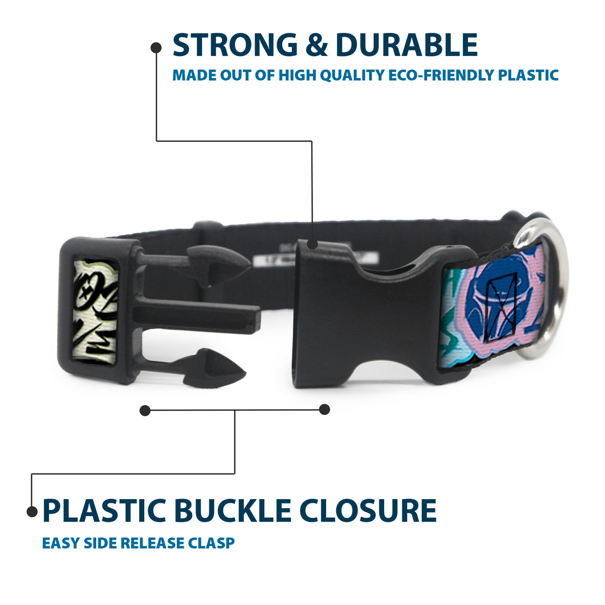 Plastic Clip Collar - Boba Fett BOBA LIVES Graffiti Stacked Multi Color Dog Collars Plastic Clip Side Release Star Wars